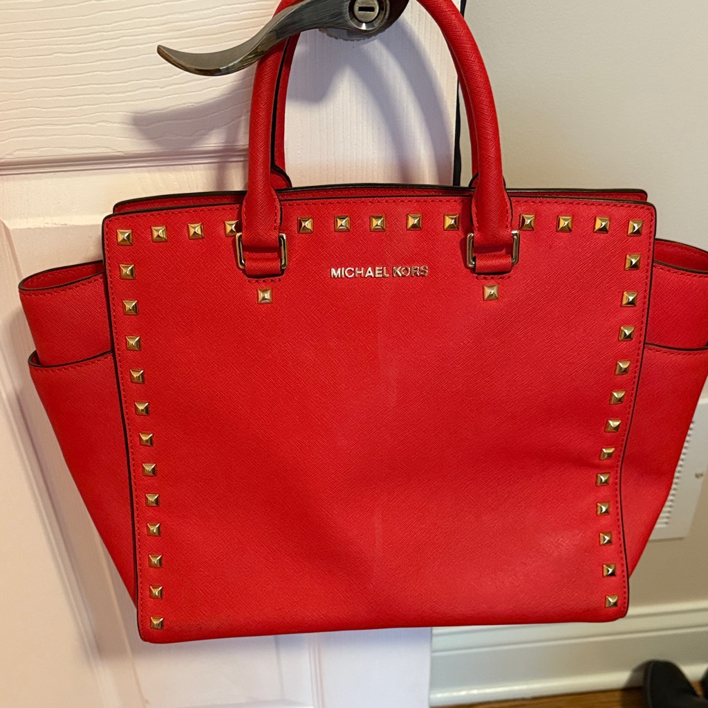 Michael Kors Red Tote With Gold Studs